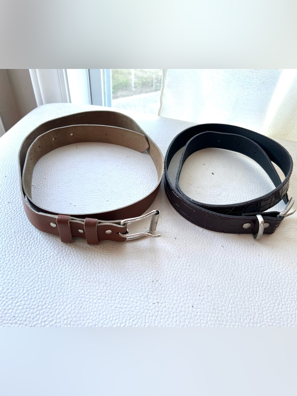 Set of 2 youth girls’ Brown Leather Belts, solid light brown and faux alligator